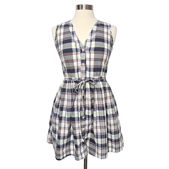 Gap Madras Plaid Dress Size 12 Button-Up Sleeveless Tie Waist Pockets Cotton - Picture 1 of 7